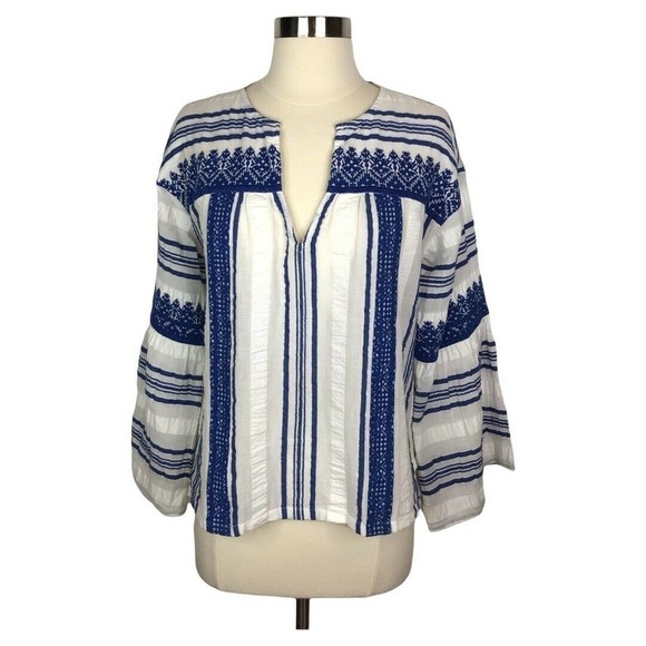 Joie Selbea Top XS Regatta Blue Striped Embroidered Bell Sleeve Cotton Blouse - Picture 5 of 10